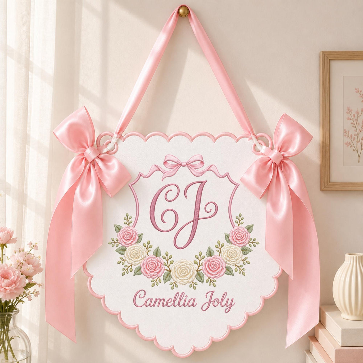 May include: A white scalloped wall hanging featuring an embroidered pink monogram of the letters CJ, surrounded by a floral wreath of pink and cream roses. The sign is accented with two large pink satin bows and hangs from a pink ribbon.