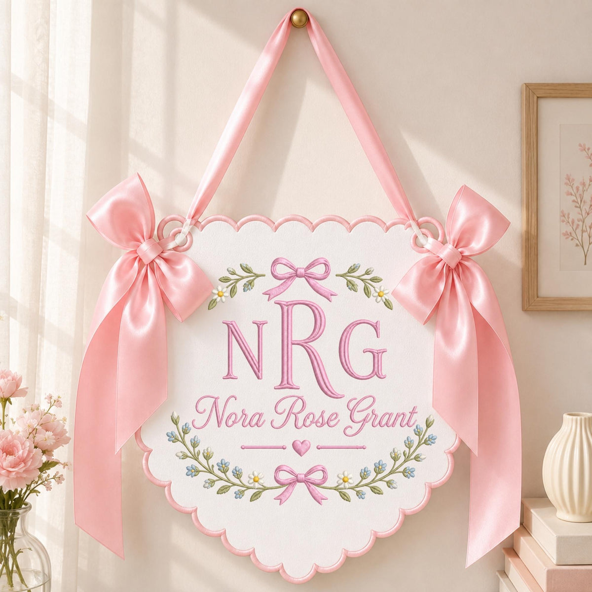 May include: A white scalloped wall hanging featuring pink embroidered text reading NRG and Nora Rose Grant. The design includes floral vines, small pink bows, and a central heart. Two large pink satin ribbons are tied to the top corners.