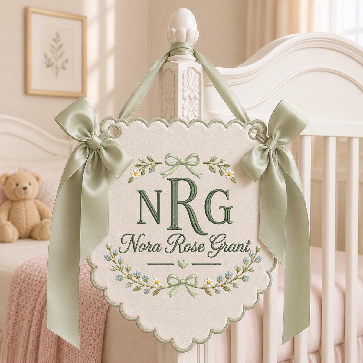 May include: A cream-colored fabric wall hanging with scalloped edges, featuring sage green embroidery of the initials NRG and the name Nora Rose Grant. The banner is decorated with floral motifs and bows, and is suspended by sage green satin ribbons.