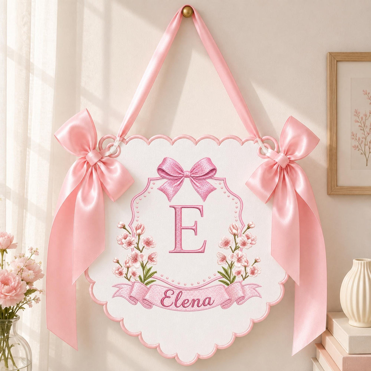 May include: A white scalloped wall hanging featuring a large pink letter E centered within a decorative frame, adorned with pink floral illustrations and a pink ribbon banner displaying the name Elena, finished with two large pink satin bows.