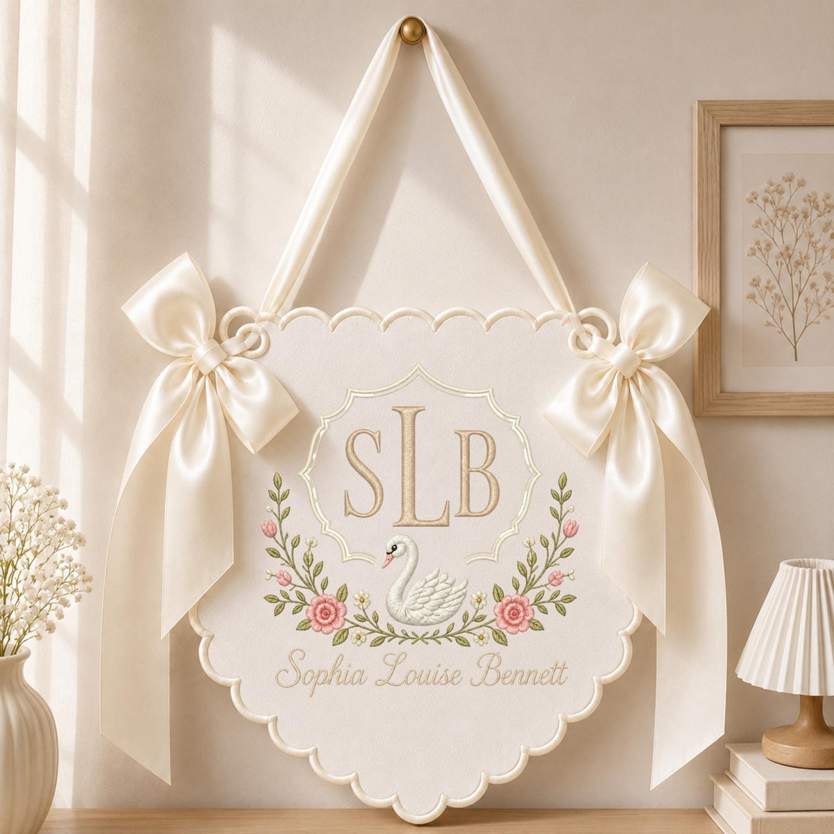 May include: A cream-colored scalloped wall hanging featuring an embroidered monogram SLB, a white swan, and a floral wreath. The piece is personalized with the name Sophia Louise Bennett and is decorated with two large satin ribbons on each side.