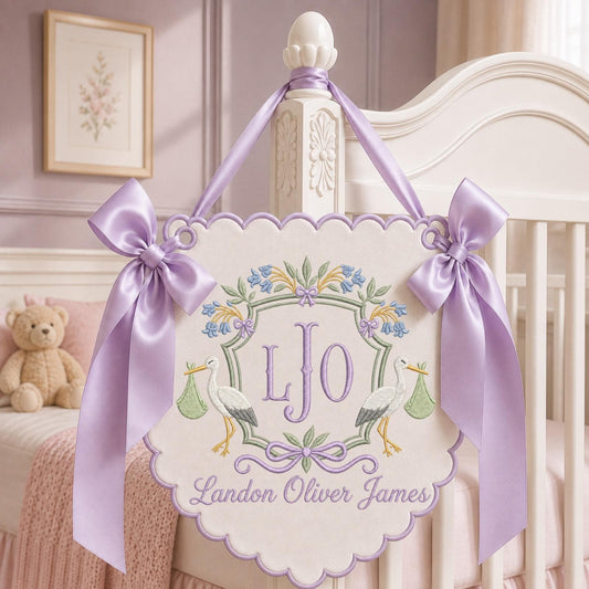 Personalized Baby Monogram Banner, Embroidered Stork Birth Announcement Sign, Custom Baby Name Wall Hanging, Newborn Nursery Decor