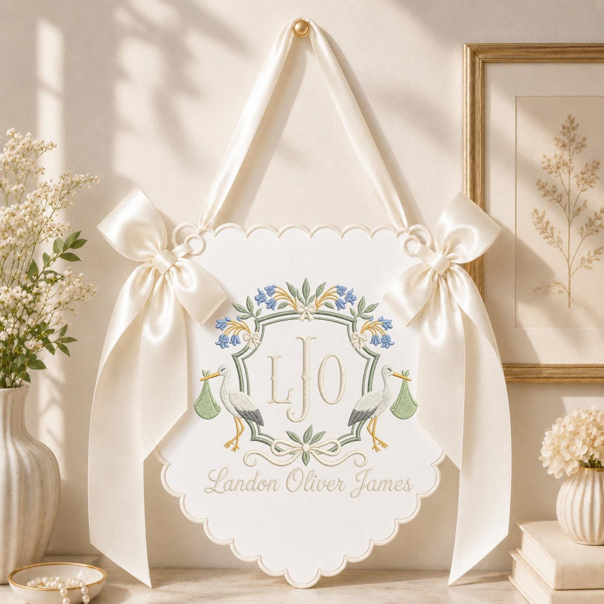 Personalized Baby Monogram Banner, Embroidered Stork Birth Announcement Sign, Custom Baby Name Wall Hanging, Newborn Nursery Decor