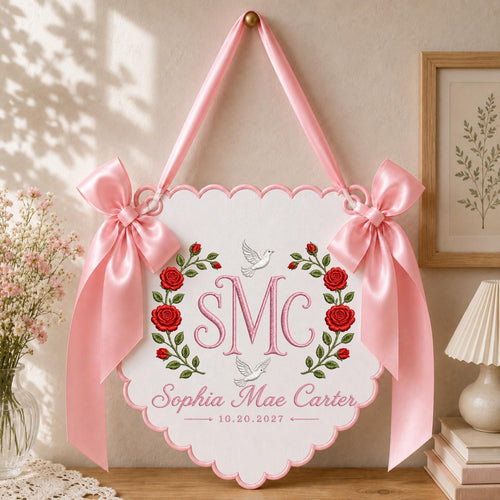 Personalized Baby Monogram Banner, Embroidered Rose Name Sign, Custom Floral Nursery Wall Hanging, Birth Announcement Baby Gift