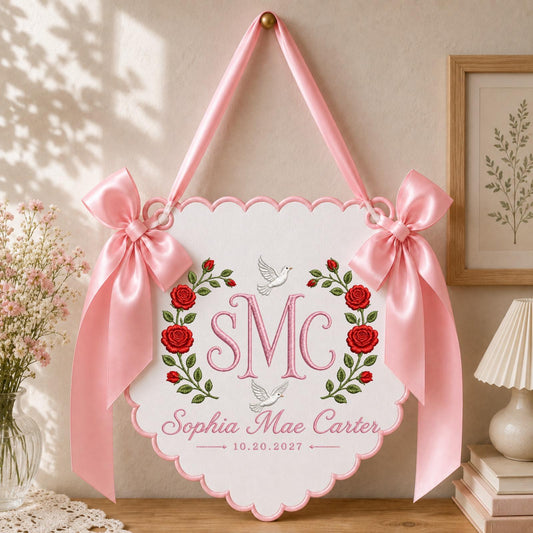 Personalized Baby Monogram Banner, Embroidered Rose Name Sign, Custom Floral Nursery Wall Hanging, Birth Announcement Baby Gift