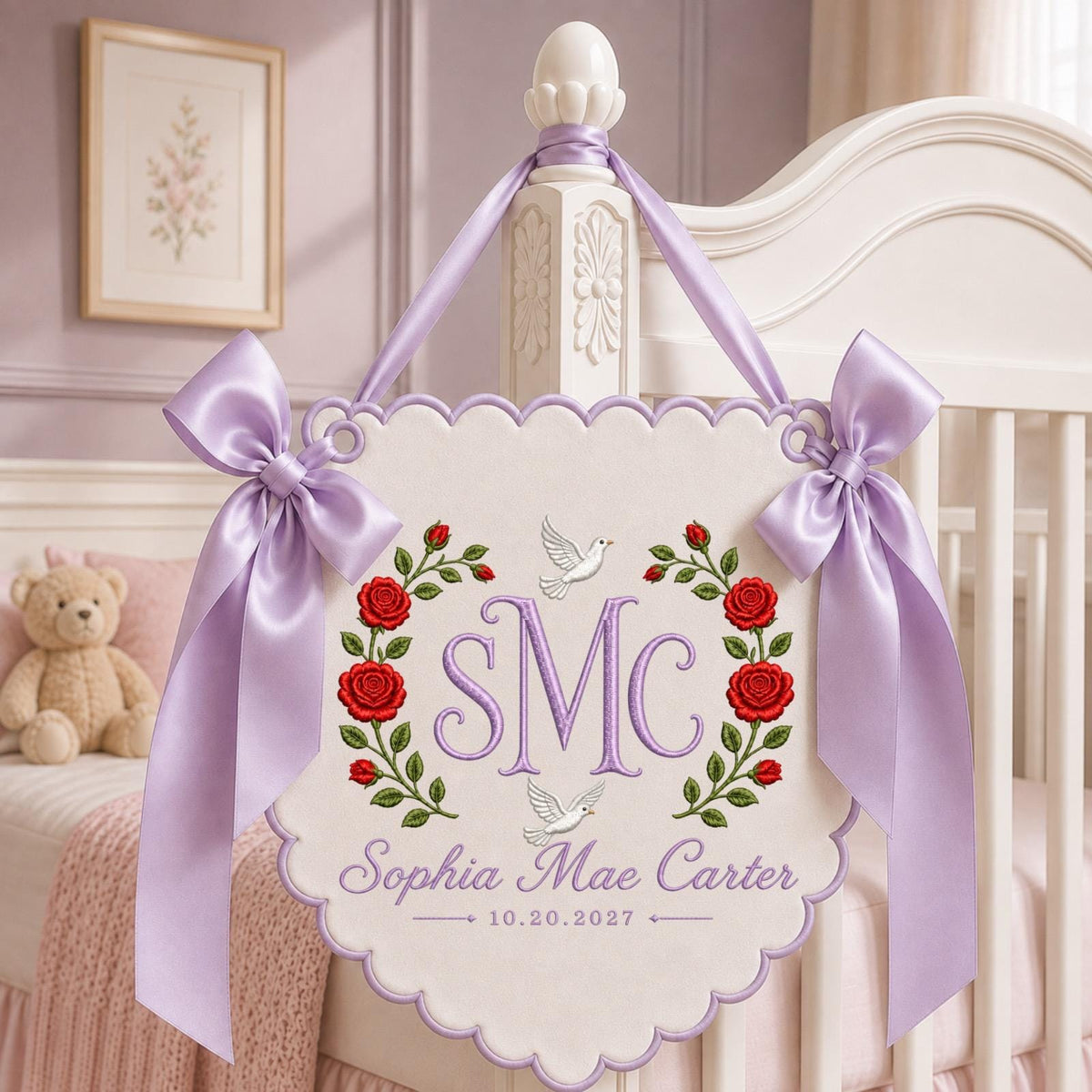 Personalized Baby Monogram Banner, Embroidered Rose Name Sign, Custom Floral Nursery Wall Hanging, Birth Announcement Baby Gift