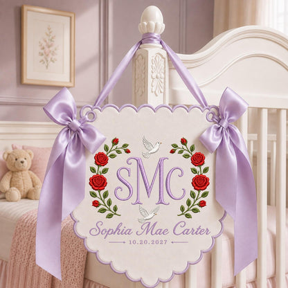 Personalized Baby Monogram Banner, Embroidered Rose Name Sign, Custom Floral Nursery Wall Hanging, Birth Announcement Baby Gift