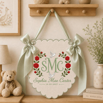 Personalized Baby Monogram Banner, Embroidered Rose Name Sign, Custom Floral Nursery Wall Hanging, Birth Announcement Baby Gift