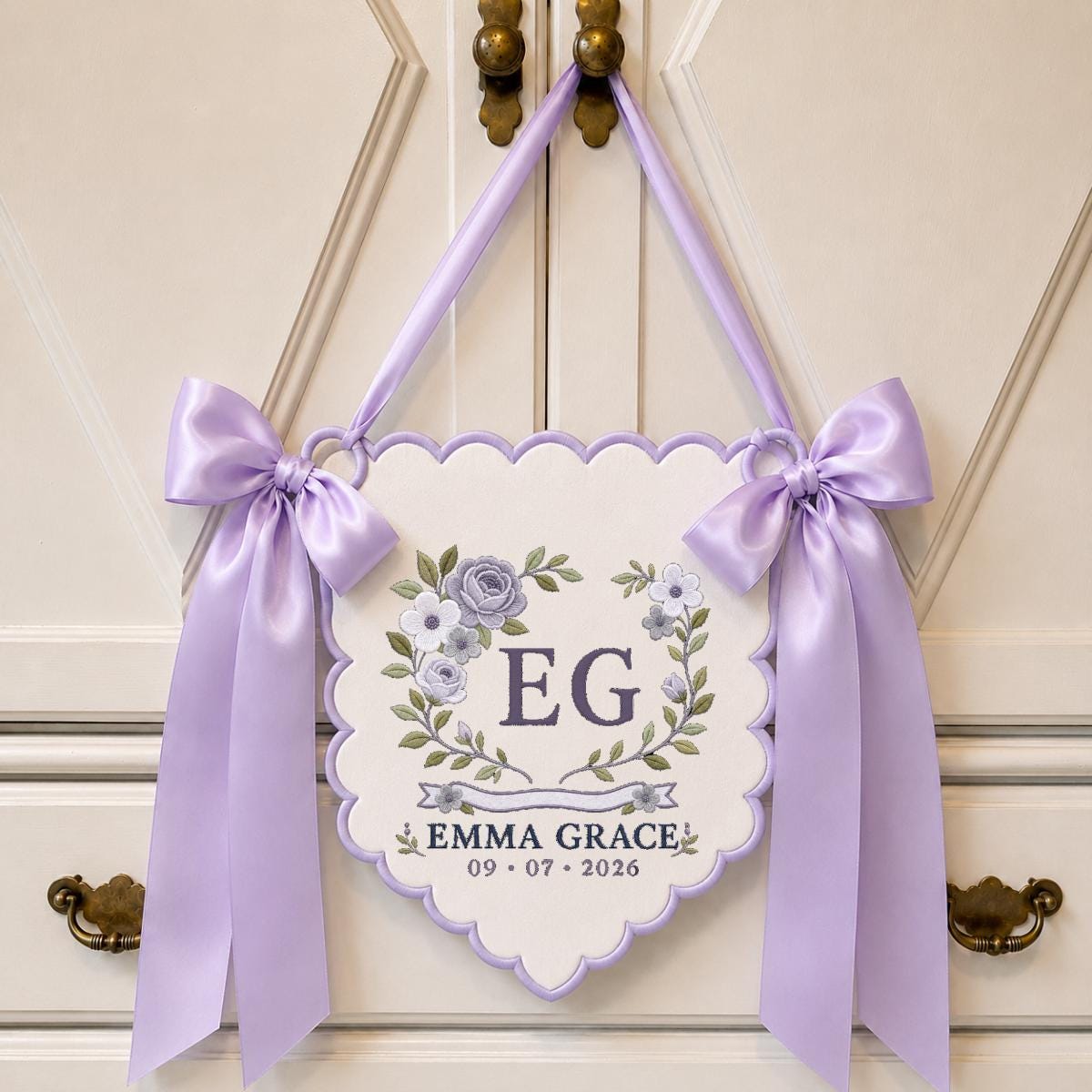 Personalized Monogram Scalloped Banner, Custom Name Emma Grace Initial EG Dusty Blue Floral Crest Bows Nursery Wall Decor