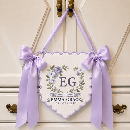 Personalized Monogram Scalloped Banner, Custom Name Emma Grace Initial EG Dusty Blue Floral Crest Bows Nursery Wall Decor
