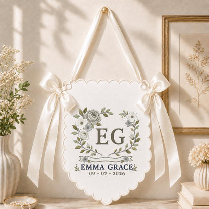 Personalized Monogram Scalloped Banner, Custom Name Emma Grace Initial EG Dusty Blue Floral Crest Bows Nursery Wall Decor