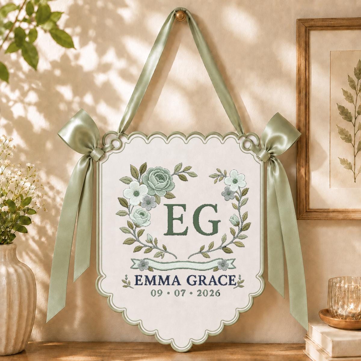 Personalized Monogram Scalloped Banner, Custom Name Emma Grace Initial EG Dusty Blue Floral Crest Bows Nursery Wall Decor