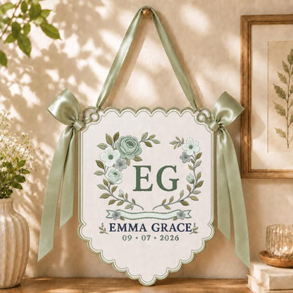 Personalized Monogram Scalloped Banner, Custom Name Emma Grace Initial EG Dusty Blue Floral Crest Bows Nursery Wall Decor