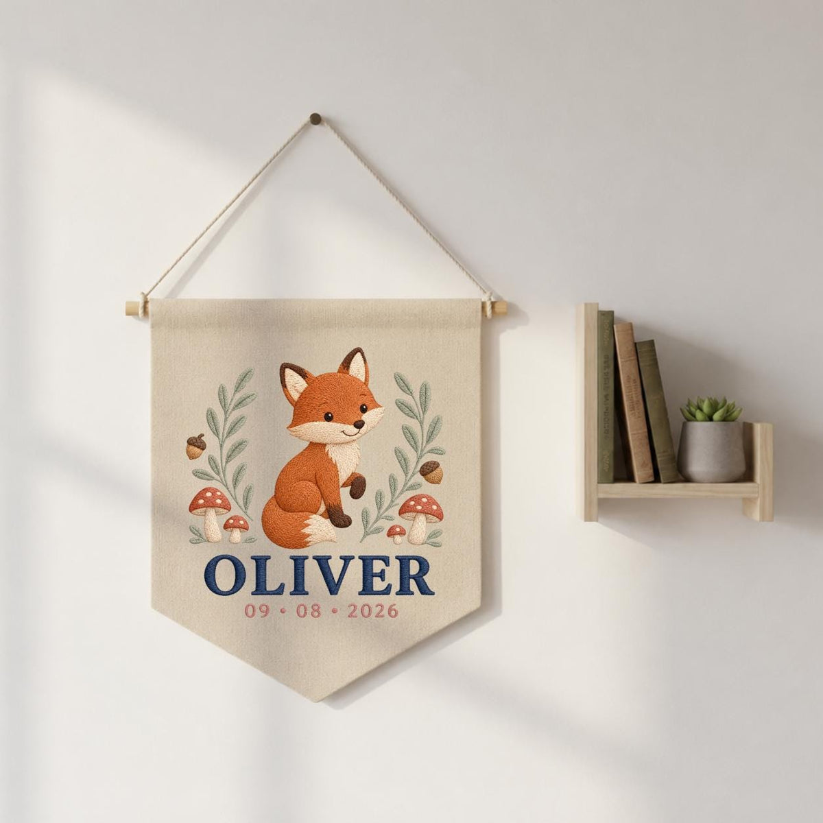 Personalized Fox Canvas Pennant Banner, Custom Name Oliver Embroidered Woodland Fox Mushroom Baby Boy Nursery Wall Sign Decor