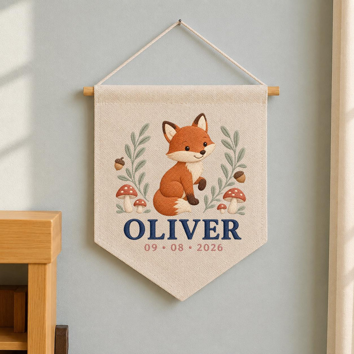 Personalized Fox Canvas Pennant Banner, Custom Name Oliver Embroidered Woodland Fox Mushroom Baby Boy Nursery Wall Sign Decor
