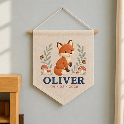 Personalized Fox Canvas Pennant Banner, Custom Name Oliver Embroidered Woodland Fox Mushroom Baby Boy Nursery Wall Sign Decor