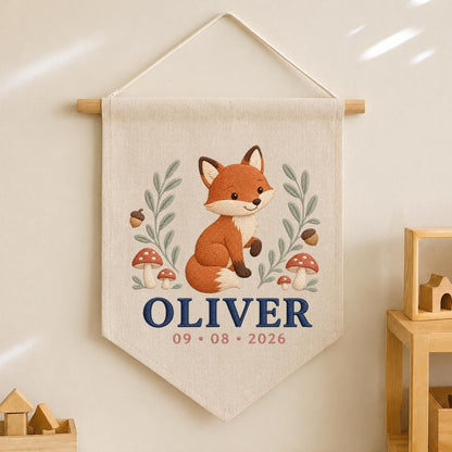 Personalized Fox Canvas Pennant Banner, Custom Name Oliver Embroidered Woodland Fox Mushroom Baby Boy Nursery Wall Sign Decor
