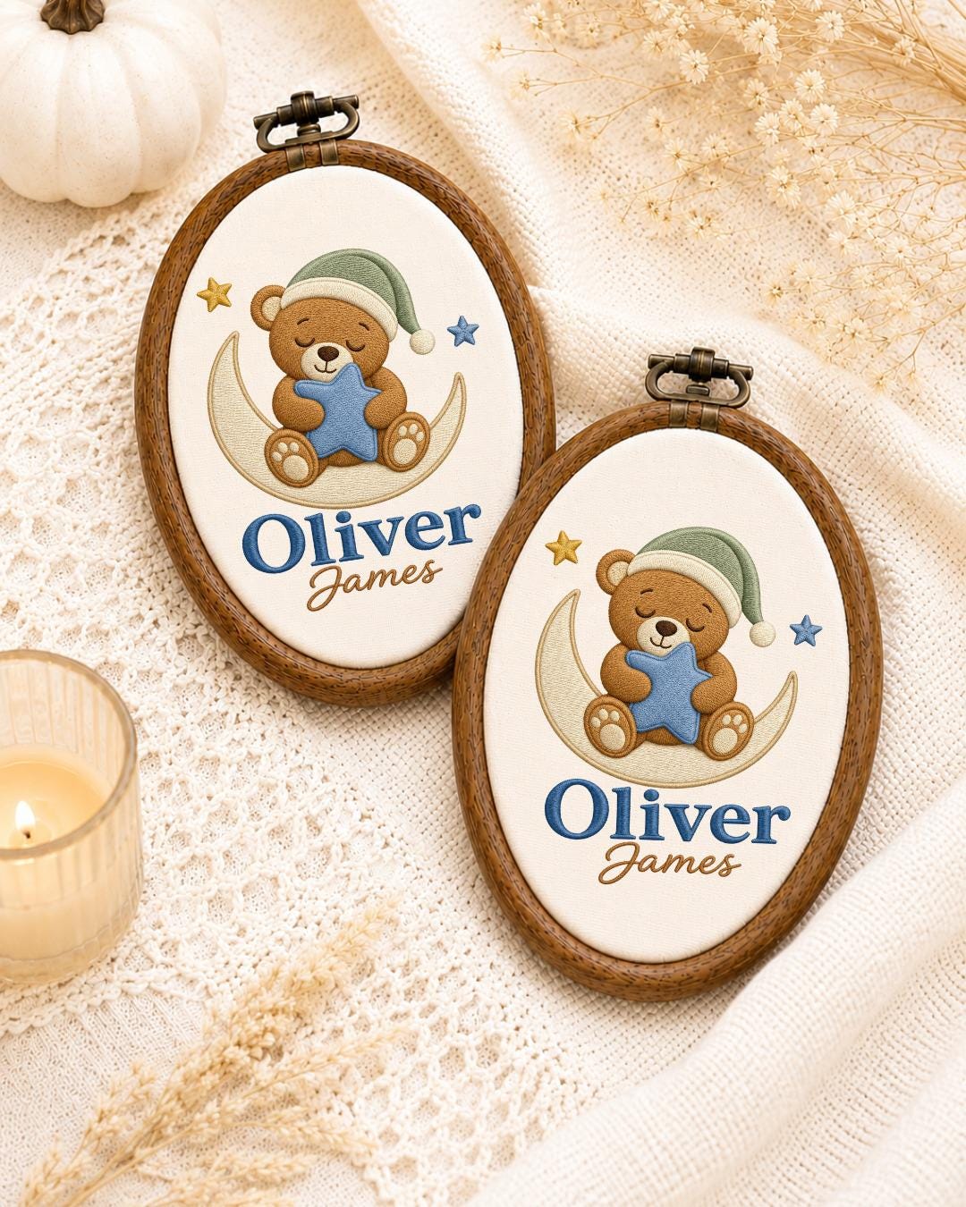 Personalized Teddy Bear Moon Embroidered Ornament, Custom Baby Name Hoop, Baby Boy Nursery Decor, Newborn Keepsake, Baby Shower Gift