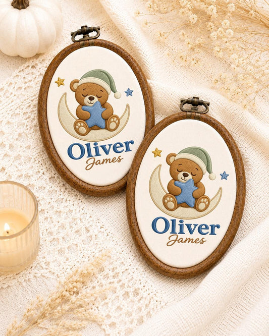Personalized Teddy Bear Moon Embroidered Ornament, Custom Baby Name Hoop, Baby Boy Nursery Decor, Newborn Keepsake, Baby Shower Gift