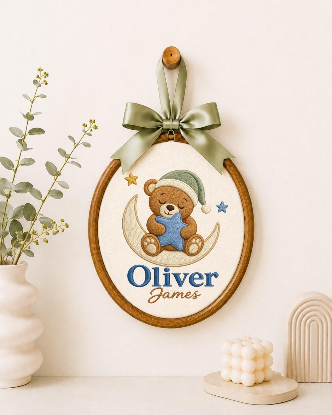 Personalized Teddy Bear Moon Embroidered Ornament, Custom Baby Name Hoop, Baby Boy Nursery Decor, Newborn Keepsake, Baby Shower Gift