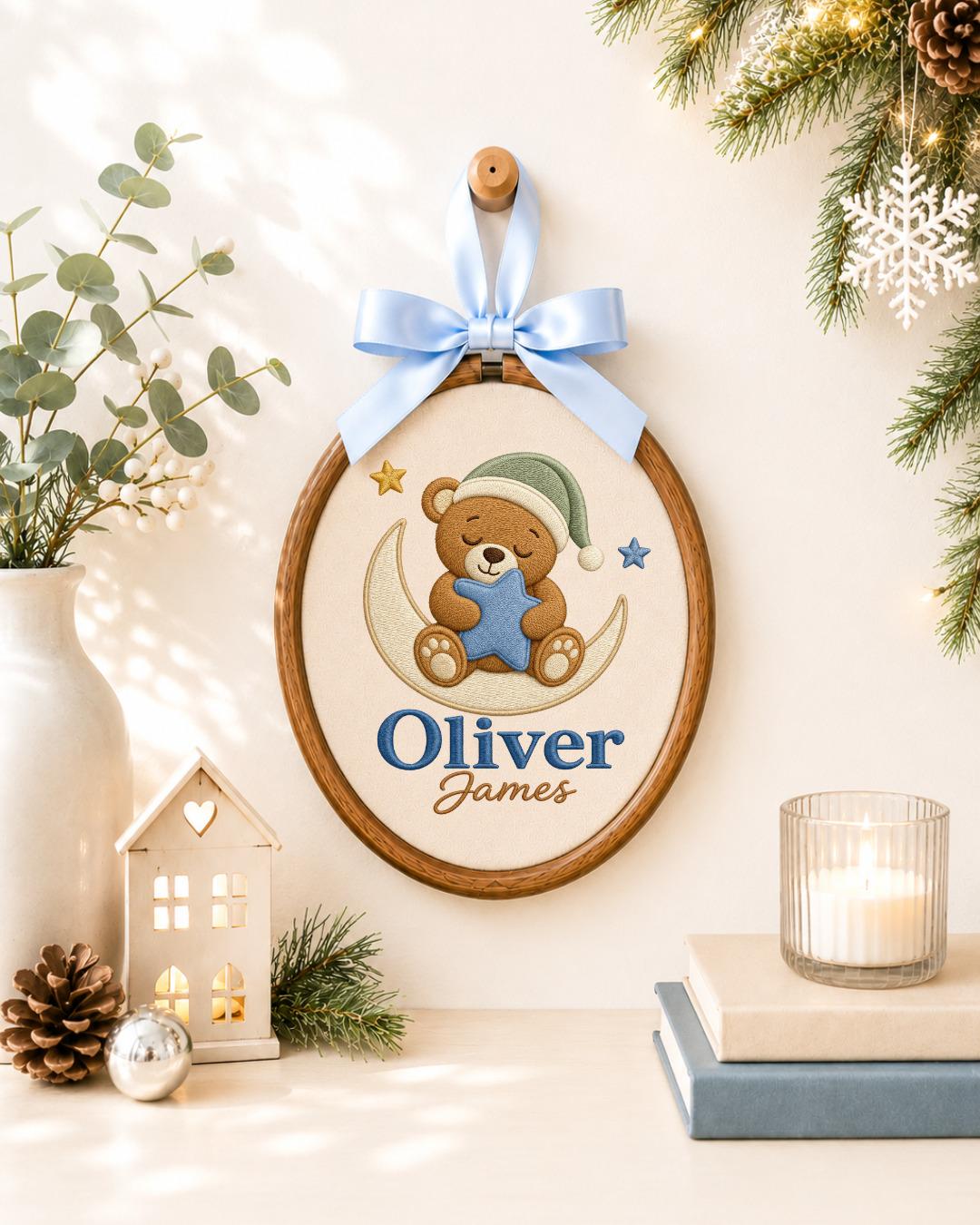 Personalized Teddy Bear Moon Embroidered Ornament, Custom Baby Name Hoop, Baby Boy Nursery Decor, Newborn Keepsake, Baby Shower Gift