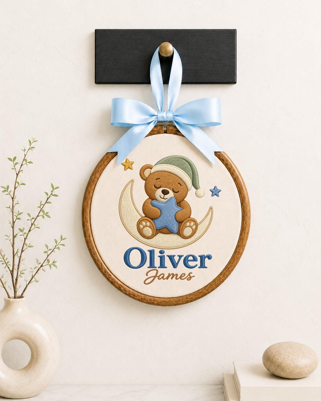 Personalized Teddy Bear Moon Embroidered Ornament, Custom Baby Name Hoop, Baby Boy Nursery Decor, Newborn Keepsake, Baby Shower Gift