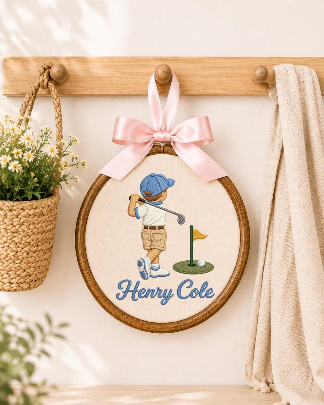 Personalized Golf Boy Embroidered Ornament, Custom Name Golf Hoop, Kids Golf Room Decor, Golfer Gift, Sports Nursery Keepsake