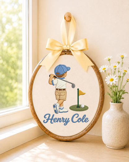 Personalized Golf Boy Embroidered Ornament, Custom Name Golf Hoop, Kids Golf Room Decor, Golfer Gift, Sports Nursery Keepsake