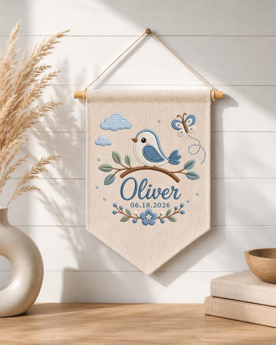 Personalized Baby Name Embroidered Banner, Custom Bird Nursery Wall Hanging, Blue Floral Baby Name Sign, Baby Boy Nursery Decor,Newborn Gift