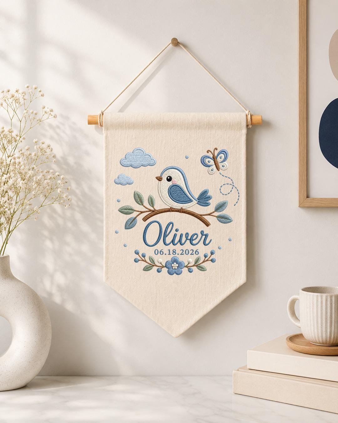 Personalized Baby Name Embroidered Banner, Custom Bird Nursery Wall Hanging, Blue Floral Baby Name Sign, Baby Boy Nursery Decor,Newborn Gift