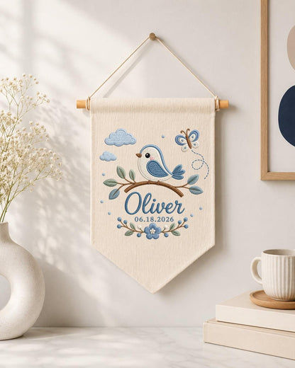 Personalized Baby Name Embroidered Banner, Custom Bird Nursery Wall Hanging, Blue Floral Baby Name Sign, Baby Boy Nursery Decor,Newborn Gift