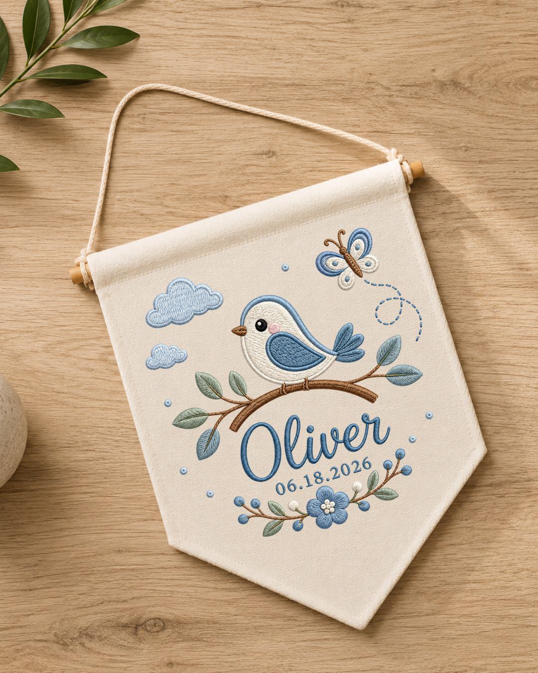 Personalized Baby Name Embroidered Banner, Custom Bird Nursery Wall Hanging, Blue Floral Baby Name Sign, Baby Boy Nursery Decor,Newborn Gift