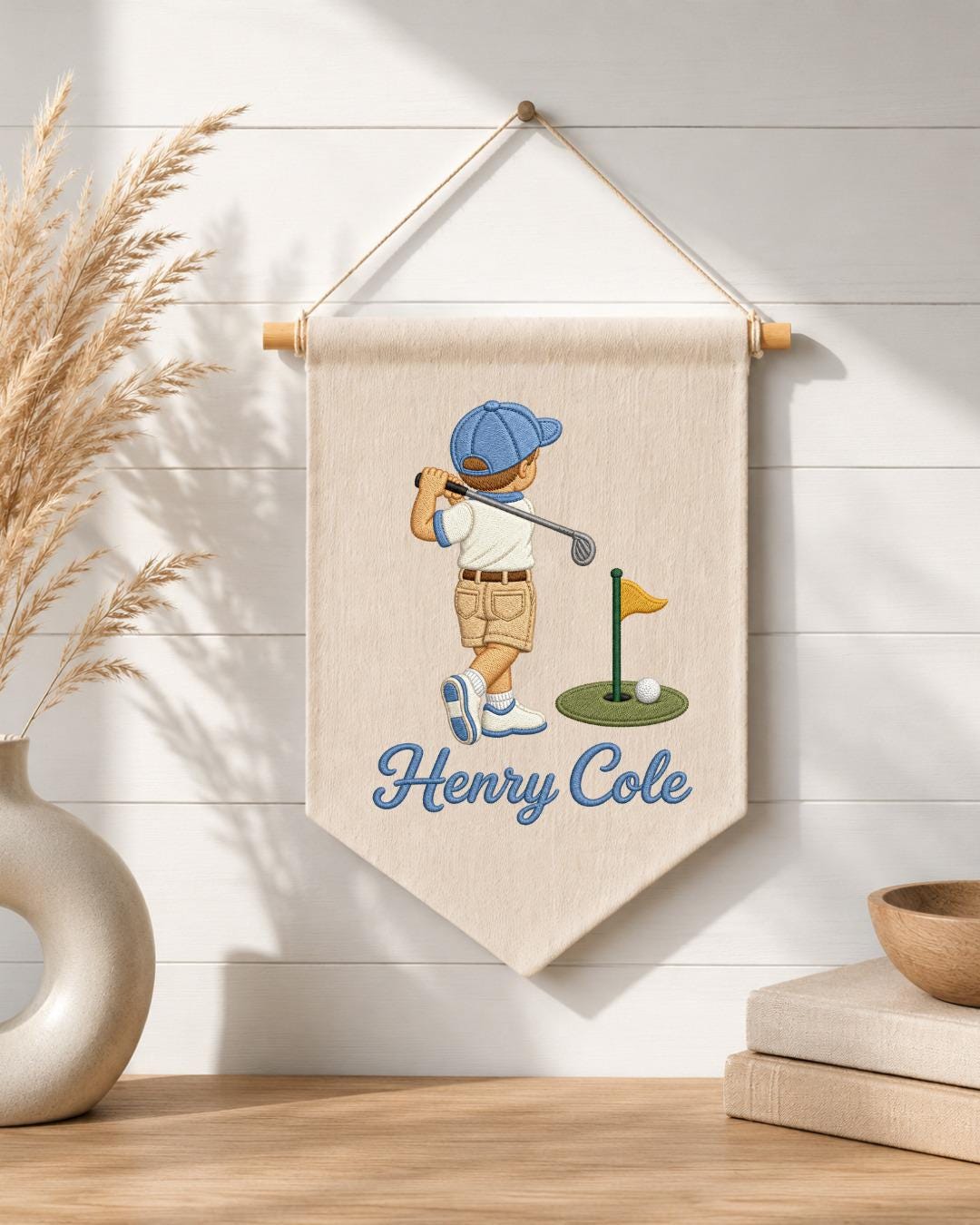 Personalized Golf Boy Embroidered Banner, Custom Name Golf Wall Hanging, Boys Golf Nursery Decor, Little Golfer Gift, Baby Boy Room Sign