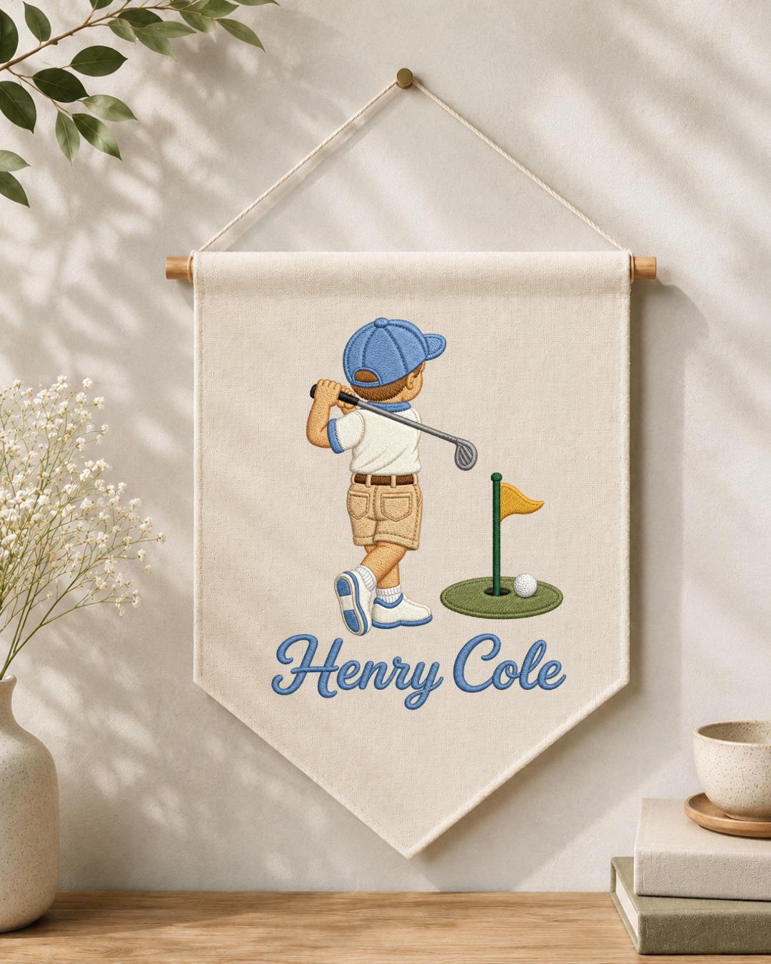 Personalized Golf Boy Embroidered Banner, Custom Name Golf Wall Hanging, Boys Golf Nursery Decor, Little Golfer Gift, Baby Boy Room Sign
