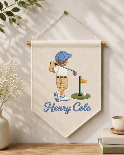 Personalized Golf Boy Embroidered Banner, Custom Name Golf Wall Hanging, Boys Golf Nursery Decor, Little Golfer Gift, Baby Boy Room Sign