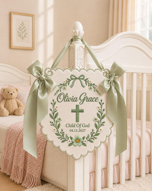 Personalized Embroidered Baptism Banner, Custom Baby Name Christening Sign, Child of God Nursery Wall Decor, Religious Baby Gift