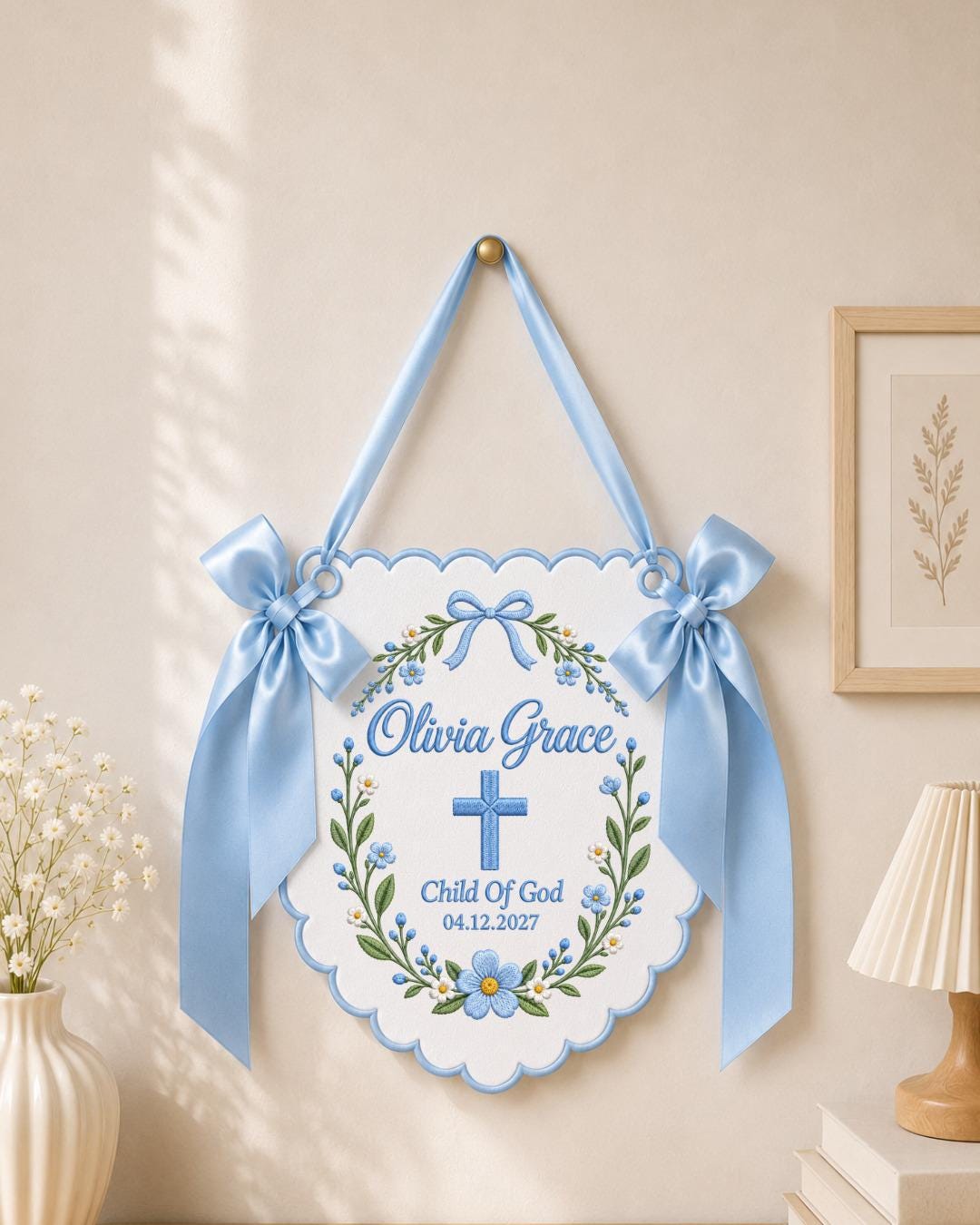 Personalized Embroidered Baptism Banner, Custom Baby Name Christening Sign, Child of God Nursery Wall Decor, Religious Baby Gift