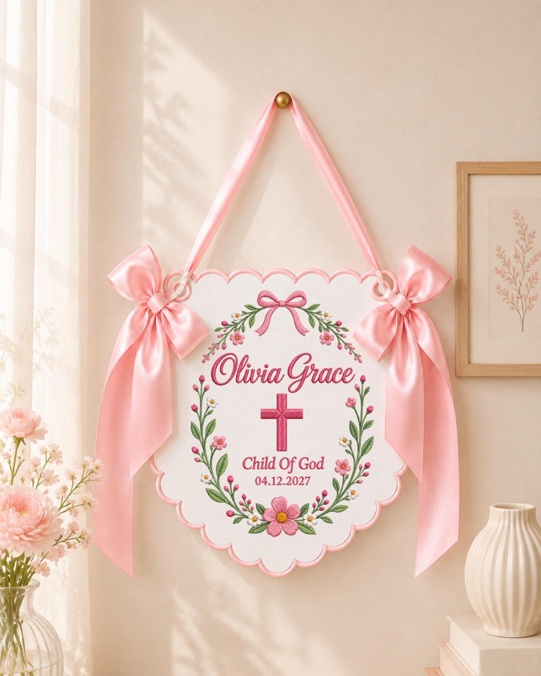 Personalized Embroidered Baptism Banner, Custom Baby Name Christening Sign, Child of God Nursery Wall Decor, Religious Baby Gift