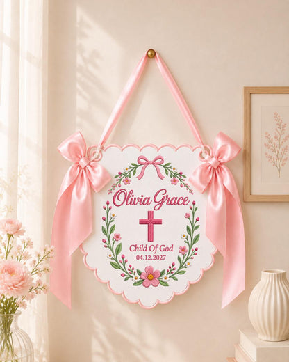 Personalized Embroidered Baptism Banner, Custom Baby Name Christening Sign, Child of God Nursery Wall Decor, Religious Baby Gift