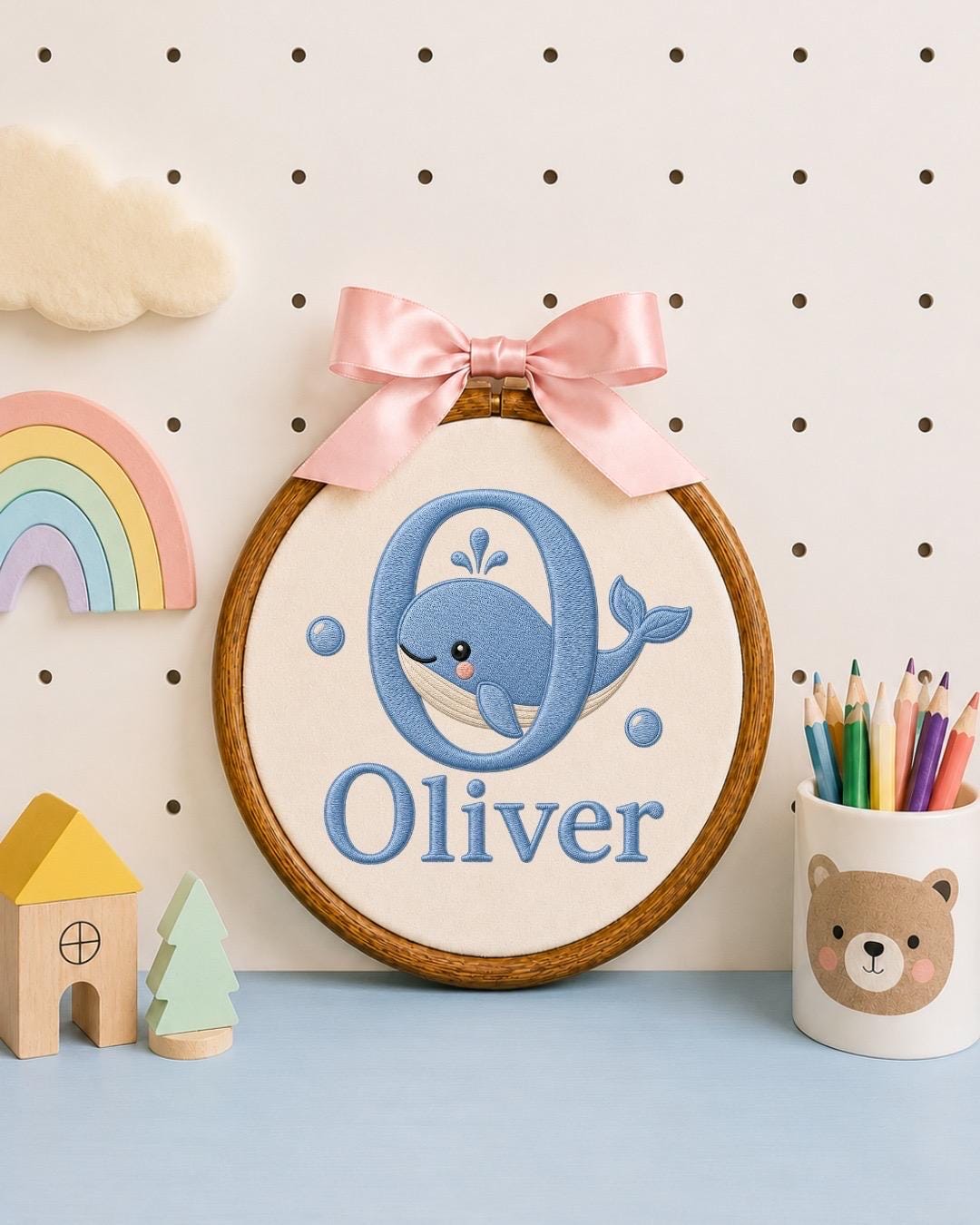 Personalized Whale Baby Embroidered Ornament, Custom Baby Name Hoop, Ocean Nursery Decor, Baby Boy Gift, Newborn Keepsake