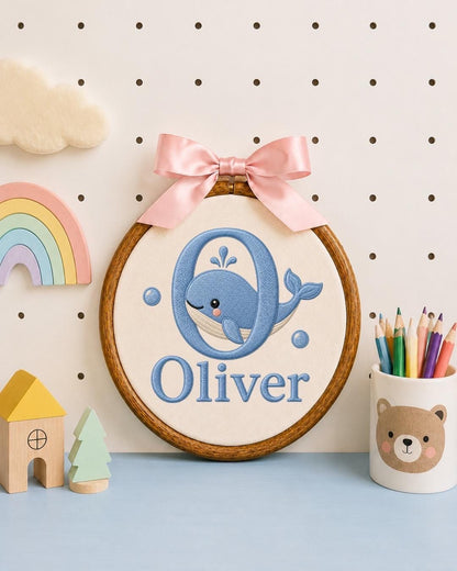 Personalized Whale Baby Embroidered Ornament, Custom Baby Name Hoop, Ocean Nursery Decor, Baby Boy Gift, Newborn Keepsake