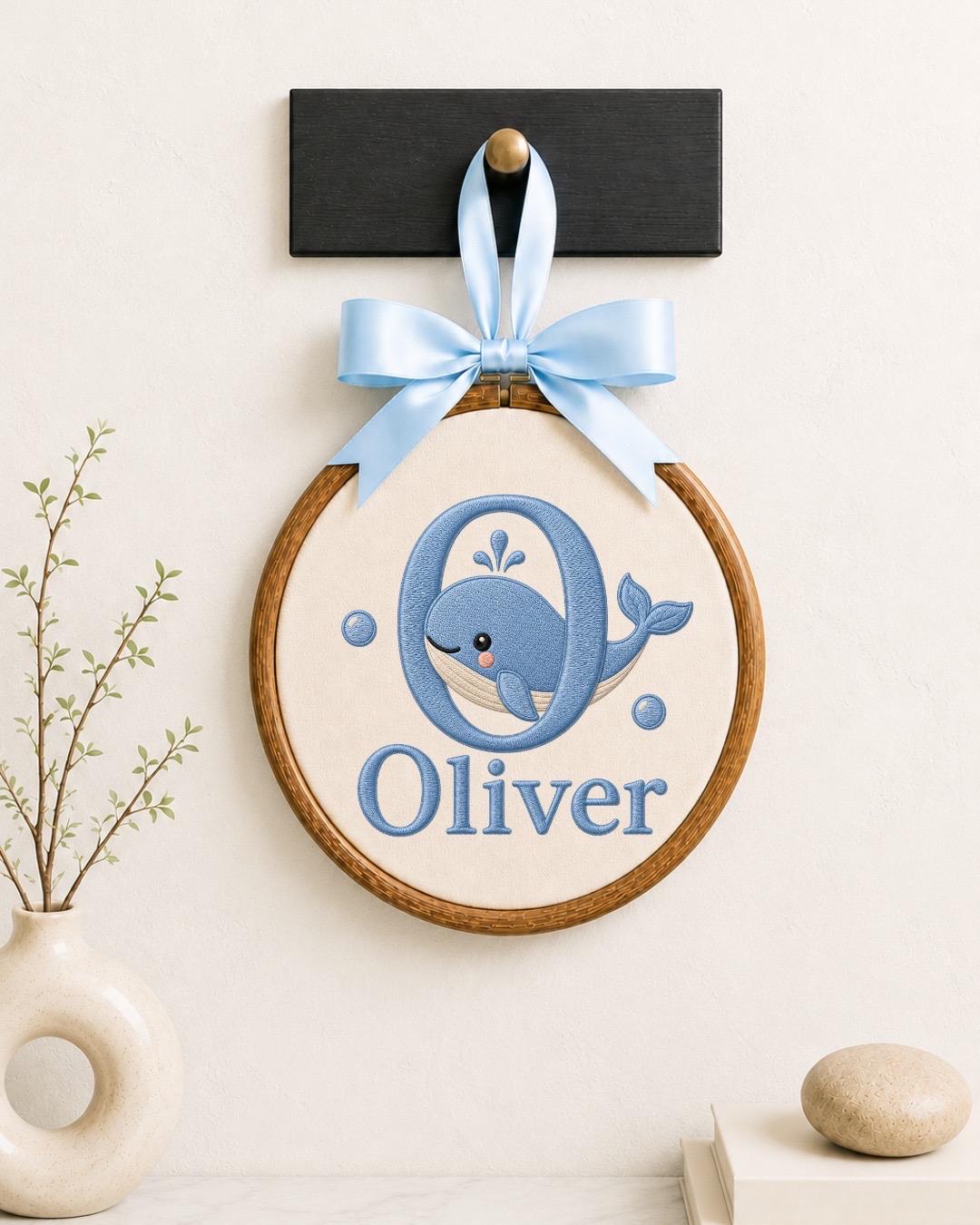Personalized Whale Baby Embroidered Ornament, Custom Baby Name Hoop, Ocean Nursery Decor, Baby Boy Gift, Newborn Keepsake