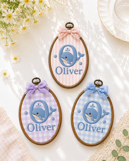 Personalized Whale Baby Embroidered Ornament, Custom Baby Name Hoop, Ocean Nursery Decor, Baby Boy Gift, Newborn Keepsake