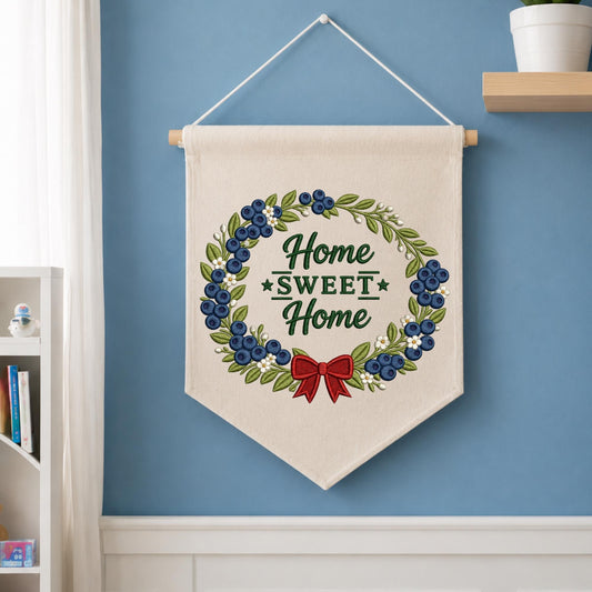 Home Sweet Home Embroidered Banner, Blueberry Wreath Wall Hanging, Cottagecore Home Decor, Housewarming Gift, Floral Kitchen Decor