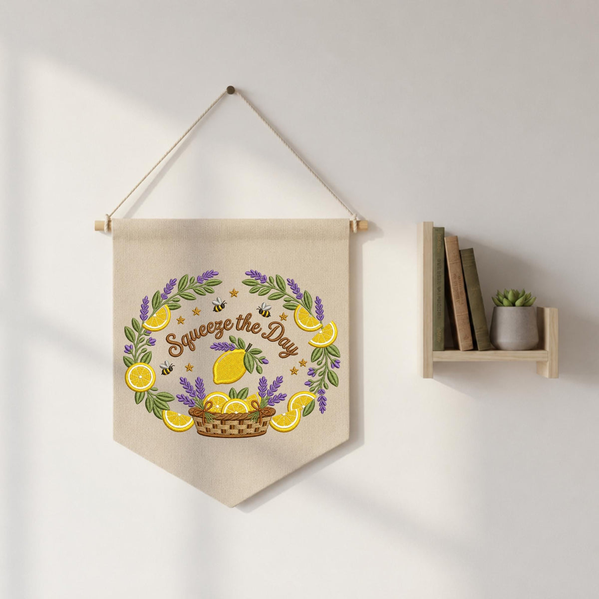 Squeeze the Day Embroidered Banner, Lemon Lavender Wall Hanging, Summer Kitchen Decor, Citrus Wreath Wall Art, Housewarming Gift