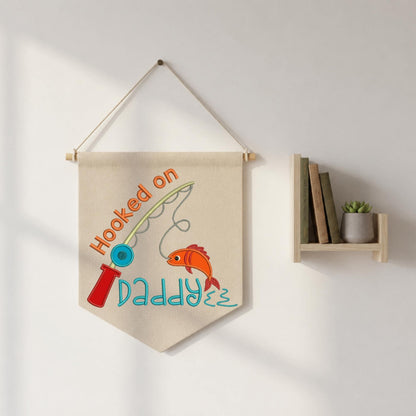 Personalized Fishing Dad Banner, Embroidered Hooked on Daddy Wall Hanging, Custom Father’s Day Gift, Fishing Dad Decor