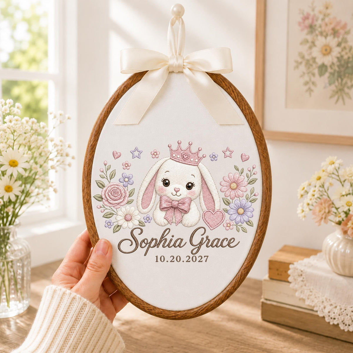Personalized Princess Bunny Embroidered Ornament, Custom Baby Name Floral Hoop, Bunny Nursery Decor, Baby Girl Keepsake, Newborn Gift