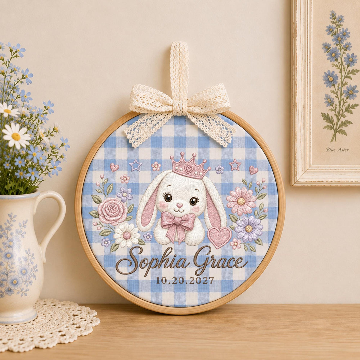 Personalized Princess Bunny Embroidered Ornament, Custom Baby Name Floral Hoop, Bunny Nursery Decor, Baby Girl Keepsake, Newborn Gift