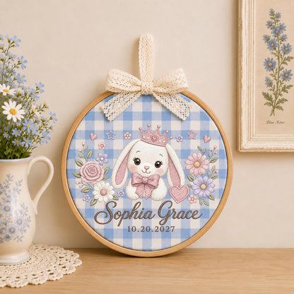 Personalized Princess Bunny Embroidered Ornament, Custom Baby Name Floral Hoop, Bunny Nursery Decor, Baby Girl Keepsake, Newborn Gift