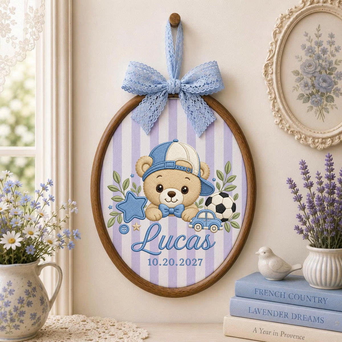 Personalized Baby Boy Embroidered Ornament, Custom Teddy Bear Name Hoop, Sports Nursery Decor, Baby Name Keepsake, Newborn Boy Gift